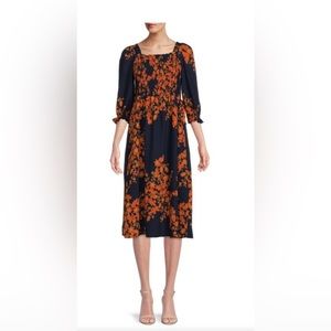 Nanette Lepore Navy Orange Floral Smocked Midi Dress - Size 10